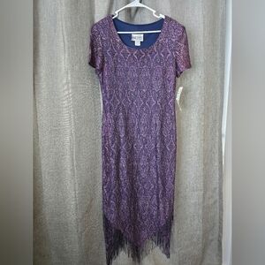 S.L. Fashions Vtg Purple Lace Sparkly Midi Dress Short Sleeve Fringe Hem Size 12